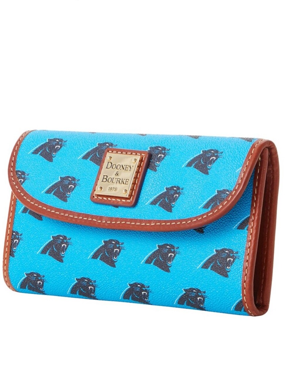 Dooney & Bourke NWT Teal Blue Panthers Print Continental Wallet with Brown Trim - Picture 2 of 6